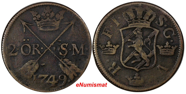 Sweden Fredrik I Copper 1749 2 Ore, S.M.Silvermynt Mintage-313,000 KM# 437 (317)