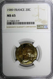 France  Aluminum-Bronze 1989 20 Centimes NGC MS65 TOP GRADED GEM KM# 930 (019)