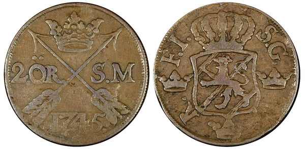 Sweden Fredrik I Copper 1745 2 Ore, S.M.Silvermynt Mintage-141,900 KM# 437(371)