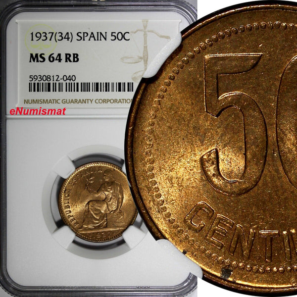 SPAIN II Republic Copper 1937 (34) 50 Centimos NGC MS64 RB KM# 754.1 (040)