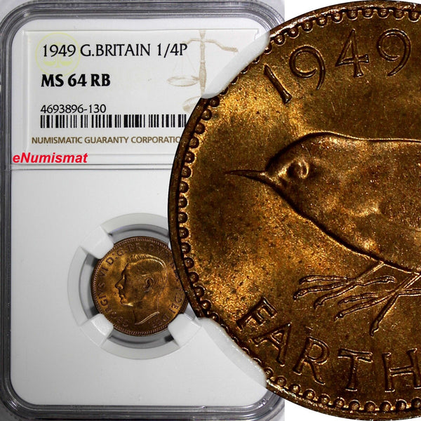 Great Britain George VI Bronze 1949 Farthing NGC MS64 RB 1st Date KM# 867 (30)