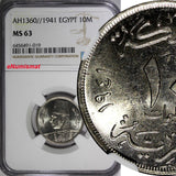 Egypt Farouk Copper-Nickel AH1360//1941 10 Milliemes NGC MS63 KM# 364 (019)