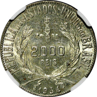 Brazil Silver 1934 2000 Reis NGC AU55 Last Year Type KM# 526 (003)