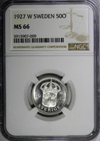 SWEDEN Gustaf V Silver 1927 W 50 Ore NGC MS66 TOP GRADED SCARCE KM# 788 (009)