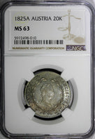 Austria Franz I Silver 1825 A 20 Kreuzer  NGC MS63 1 GRADED HIGHEST KM# 2144 (0)