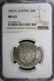 Austria Franz I Silver 1825 A 20 Kreuzer  NGC MS63 1 GRADED HIGHEST KM# 2144 (0)