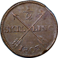 SWEDEN COPPER 1803 1/2 SKILLING CHOICE VF  KM#565 (3690)