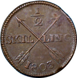 SWEDEN COPPER 1803 1/2 SKILLING CHOICE VF  KM#565 (3690)