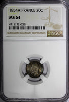 FRANCE Napoleon III Silver 1854 A 20 Centimes NGC MS64 Toning KM# 778.1 (058)