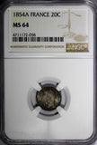 FRANCE Napoleon III Silver 1854 A 20 Centimes NGC MS64 Toning KM# 778.1 (058)