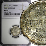 Finland Nicholas II Silver 1917 S 50 Penniä Civil War Issue NGC MS64 KM# 20 (03)
