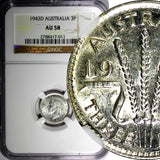 AUSTRALIA George VI Silver 1943D  3 Pence NGC AU58  KM# 37  (011)