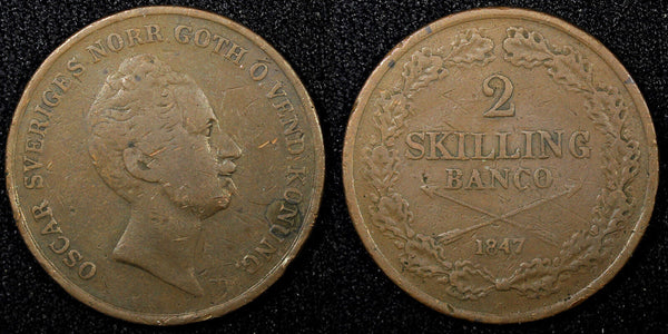 Sweden Oscar I Copper 1847 2 Skilling Banco 33.5 mm Mintage-115,000 KM#664 (565)