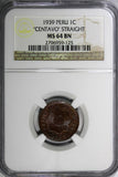 Peru Bronze 1939 1 Centavo Straight NGC MS64 BN KM# 208.2  Thick planchet (125)