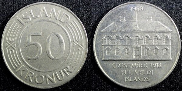 Iceland Nickel 1968 50 Krónur 50th Anniversary - Sovereignty UNC KM# 16 (23 950)