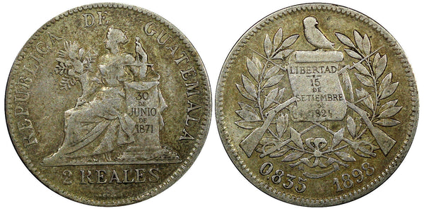 Guatemala Silver 1898  2 Reales 24 mm Nice Toned KM# 167 (22 653)