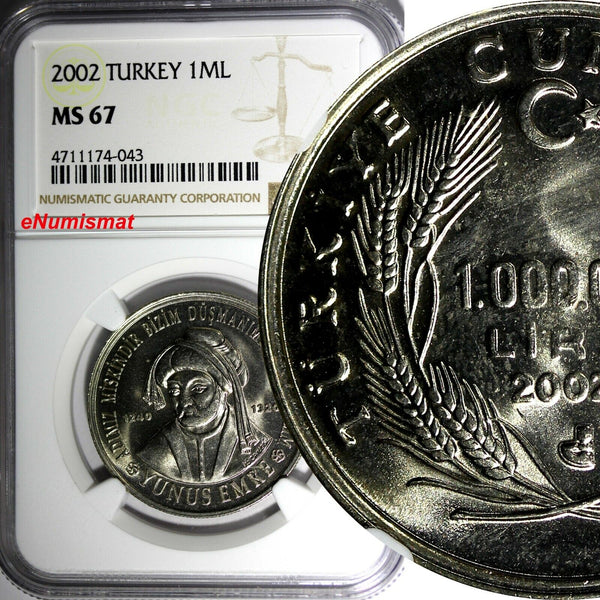 Turkey Yunus Emre 2002 1,000.000 Lira NGC MS67 TOP GRADED BY NGC KM1163 (043)