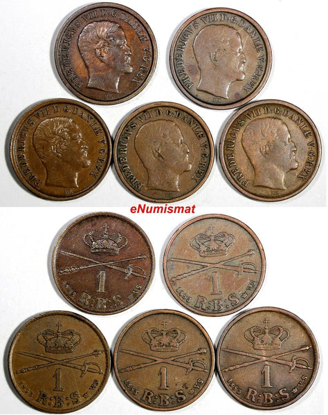 Denmark Frederik VII COPPER LOT OF 5 COINS 1853 1 Rigsbankskilling KM# 756 (694)