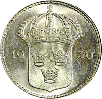SWEDEN Gustaf V Silver 1936 G 10 Öre Long"6" ch.UNC KM# 780 (22 139)