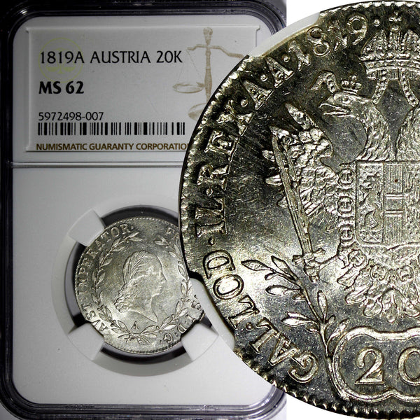 Austria Franz I Silver 1819 A 20 Kreuzer NGC MS62 Vienna Mint KM# 2143 (007)