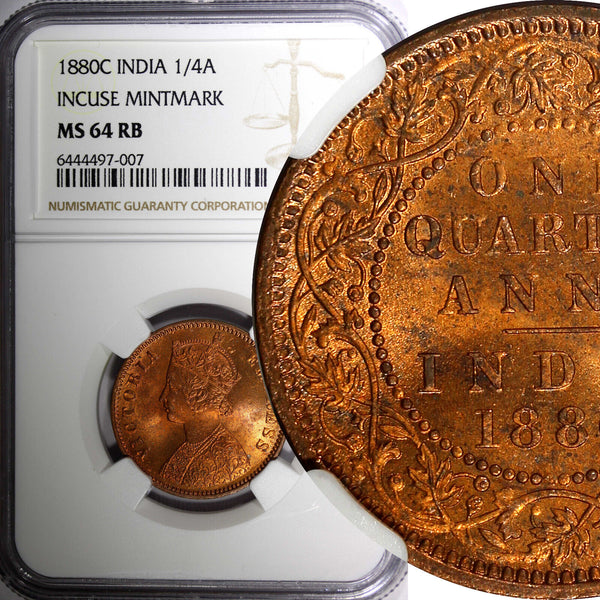 India-British Victoria 1880 (C) 1/4 Anna Incuse Mintmark NGC MS64 RB KM# 486(7)