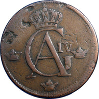 Sweden Copper 1802 1 Skilling Overstruck on 2 Ore S.M.(1743-1768) KM#566 (4859)