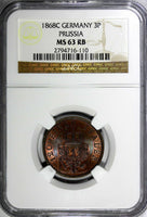 German States PRUSSIA Wilhelm I Copper 1868 C 3 Pfennig NGC MS63 RB KM# 482(110)
