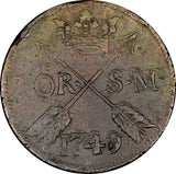 Sweden Frederick I 1749 2 Ore, S.M.Low Mintage-313,000 Better Details KM# 437(4)