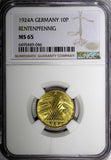 Germany 1924 A 10 Reichspfennig NGC MS65 ONLY 1 GRADED HIGHEST BY NGC KM# 40 (6)