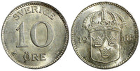 SWEDEN Gustaf V Silver 1918 W 10 Öre UNC TONED KM# 780 (21 909)