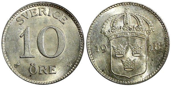 SWEDEN Gustaf V Silver 1918 W 10 Öre UNC TONED KM# 780 (21 909)