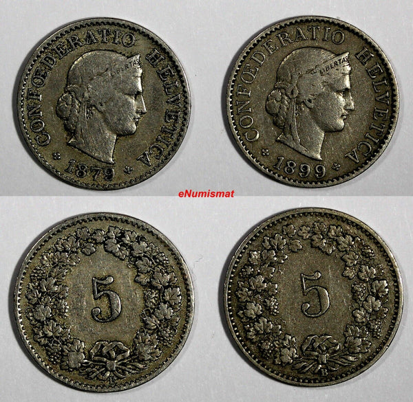 Switzerland LOT OF 2 COINS 1879,1899  5 Rappen BETTER SCARCE DATES KM# 26 (733)