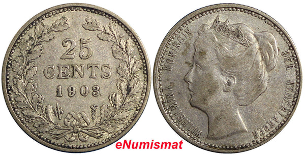 Netherlands Wilhelmina I Silver 1903 25 Cents 19mm KM# 120.2 (6495)
