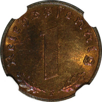 Germany-Third Reich Bronze 1939 F 1 Reichspfennig NGC MS64 RB RED KM# 89  (032)