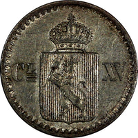 Norway Carl XV Silver 1870 2 Skilling with rosettes XF  KM# 336.1 (20 702)