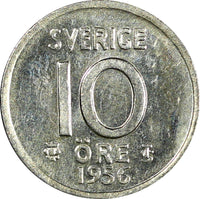 Sweden Gustaf VI SILVER 1956 10 Öre UNC  KM# 823 (22 093)