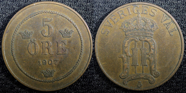 Sweden Oscar II Bronze 1907 EB 5 Öre  KM# 770 (23 171)