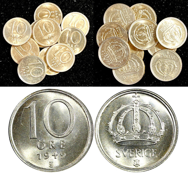SWEDEN Gustaf V Silver 1942-1950 10 Ore UNC/BU KM# 813 RANDOM PICK (1 COIN) (29)