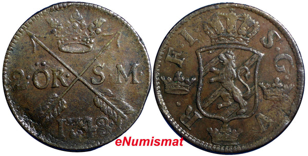 Sweden Frederick I 1748 2 Ore, S.M.Avesta Mint. Low Mintage-461,000 KM# 437(310)