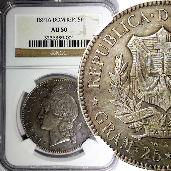 Dominican Republic Silver 1891 A 5 Francos NGC AU50 Paris Mint-150.000 KM# 12(1)
