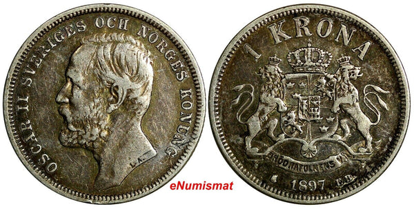 Sweden Oscar II Silver 1897 EB 1 Krona VF Condition Mintage-735,391 KM# 760 (45)