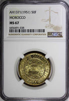Morocco Mohammed V 1371 (1951) 50 Francs Paris Mint NGC MS67 GEM BU Y# 51 (038)