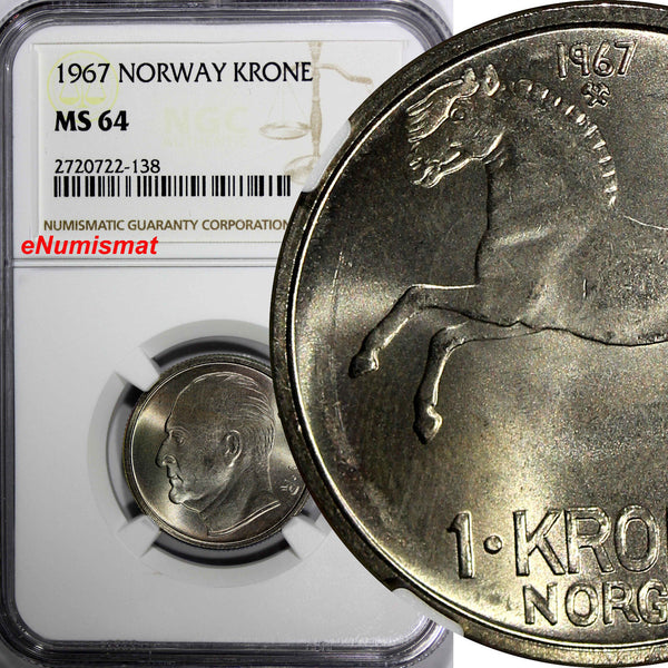 NORWAY OLAV V (1957-1991) 1967 1 Krone NGC MS64 TOP GRADED BY NGC KM# 409 (138)
