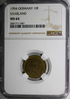 GERMANY Saarland Aluminum-Bronze 1954 10 Franken NGC MS64 KM# 1 (087)