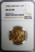 Great Britain Elizabeth II Bronze 1958 1/2 Penny NGC MS65 RD NICE RED KM#896 (1)