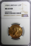 Great Britain Elizabeth II Bronze 1958 1/2 Penny NGC MS65 RD NICE RED KM#896 (1)