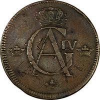 SWEDEN COPPER 1802 1 SKILLING OVERSTRUCK ON 2 ORE S.M. 1760 / FULL EARLY DATE /