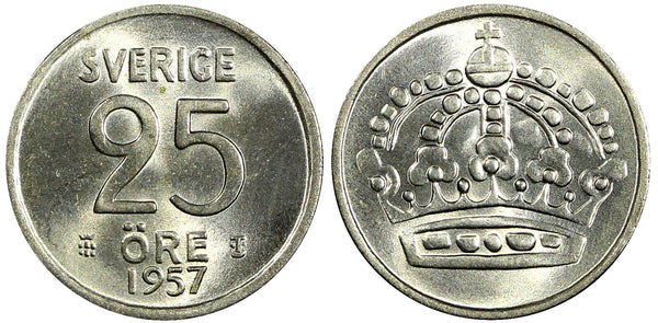 Sweden Gustaf VI Silver 1957 TS 25 Öre GEM BU COIN KM# 824 (22 020)