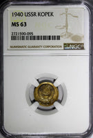 RUSSIA USSR Aluminum-Bronze 1940 1 KOPECK GRADED NGC MS63 Y# 105