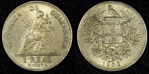 GUATEMALA 1901 H 1 Real Heaton Birmingham Mint Nice Toned KM# 177  (22 764)